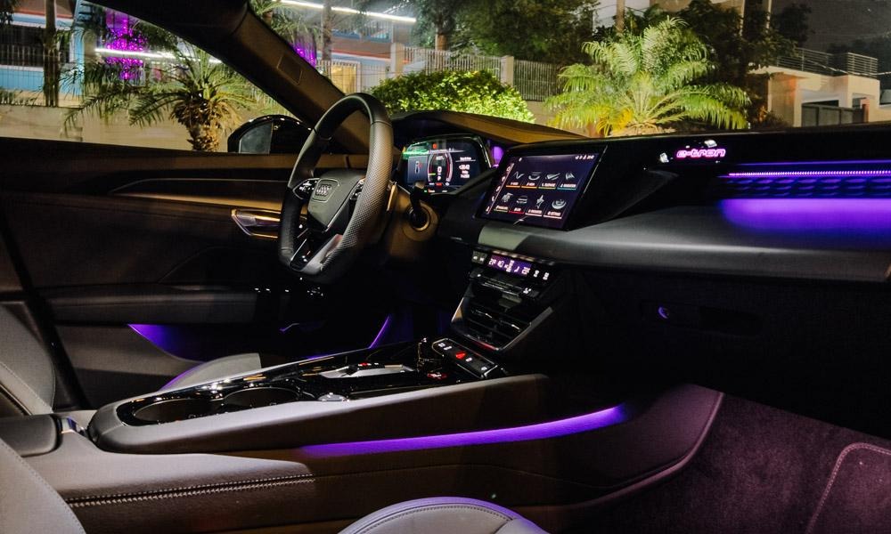 Interior of Audi e-tron GT with beautiful lighets with large touch screen