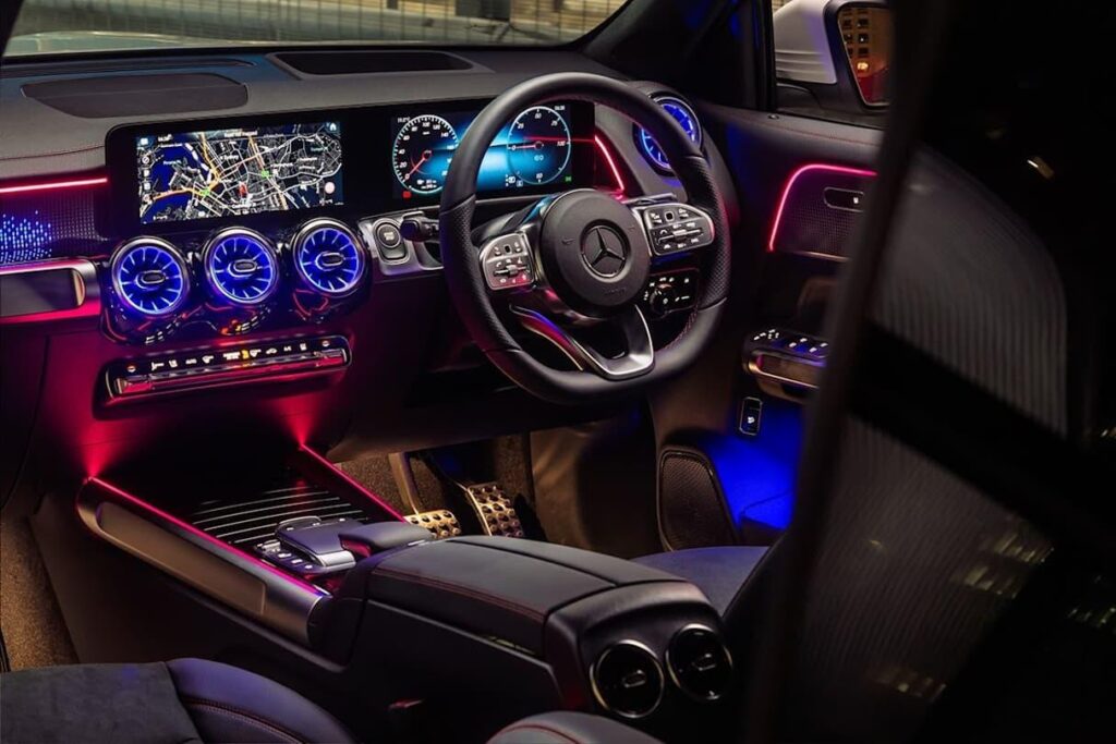Interior Mercedes-Benz EQB with multiple lightes and nevigation system
