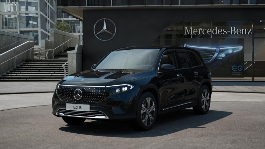 Mercedes-Benz EQB parked in front of Mercedes-Benz main office