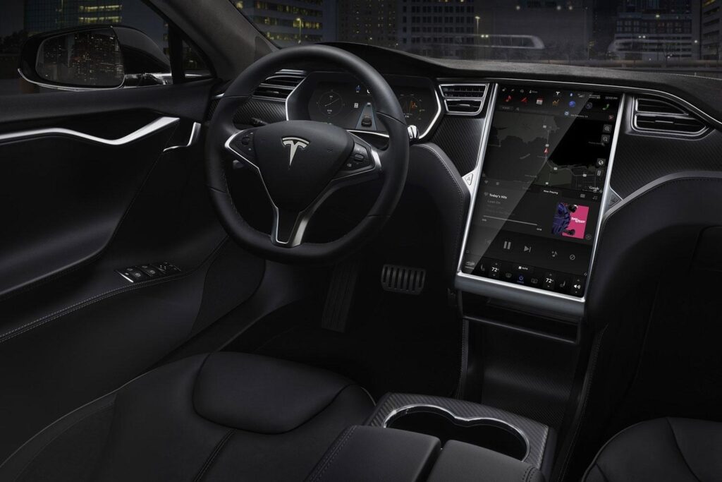 Beautiful interior of Tesla Model S with large touch screen and controling system