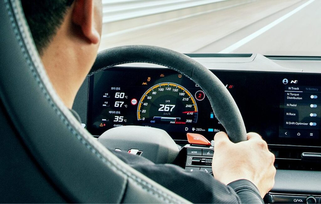 One man drive Hyundai Ioniq 5 N and show power features,  information on cluster board
