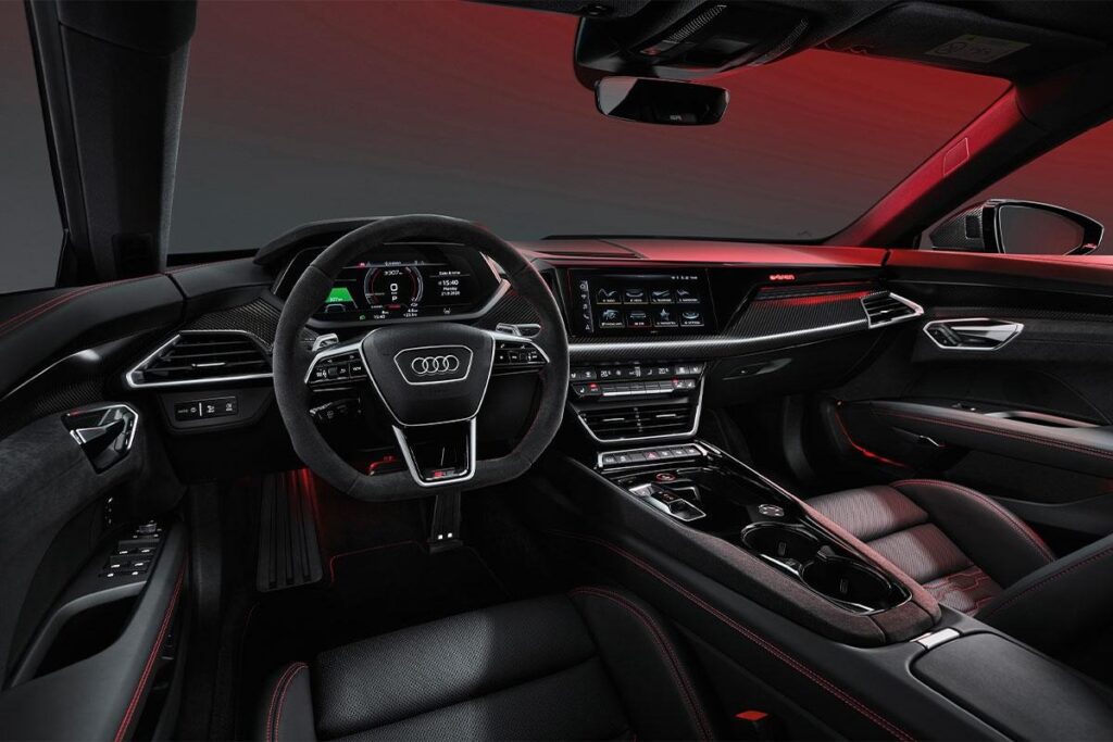 simple interior of Audi RS e-tron GT with touch screen and cluster board