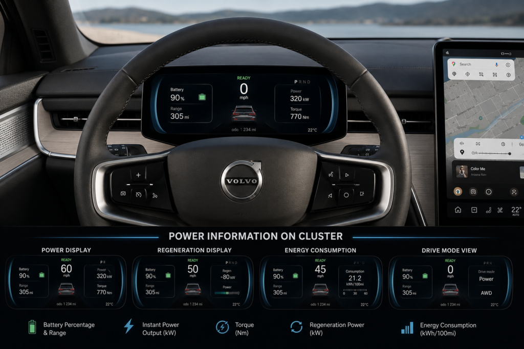 power and speed info of Volvo EX90 show on cluster board